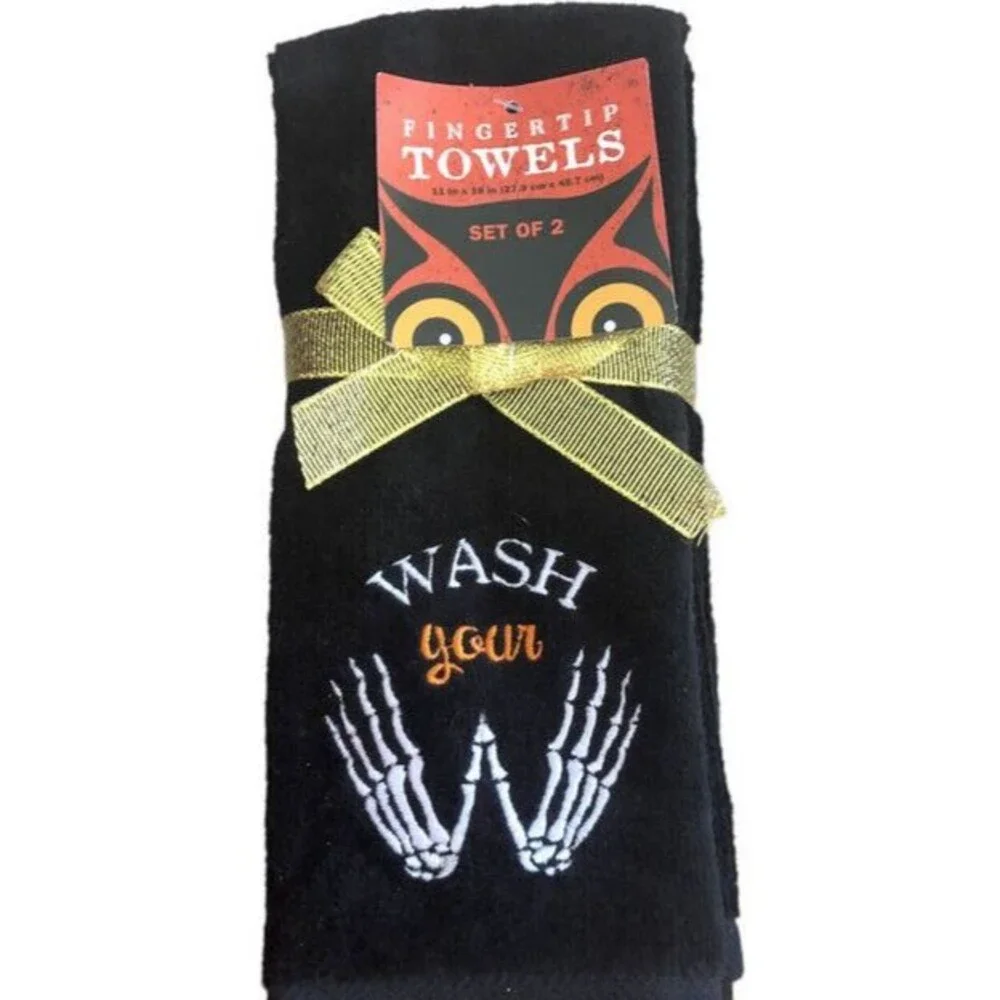Halloween Fingertip Towels Embroidered Black Wash Your Skeleton Hands Set of 2